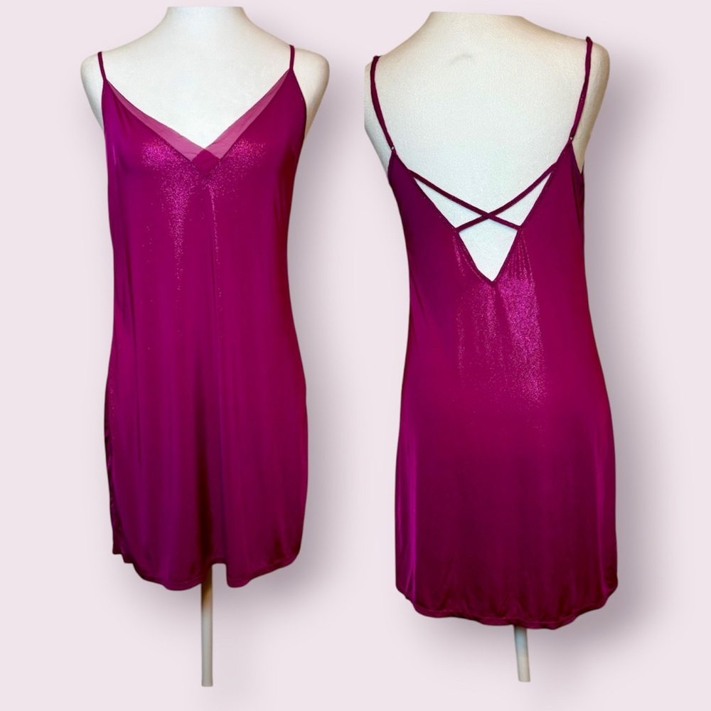 Victoria’s Secret Shimmery Slip Dress Strappy Sheer Detail Fuchsia Pink Small